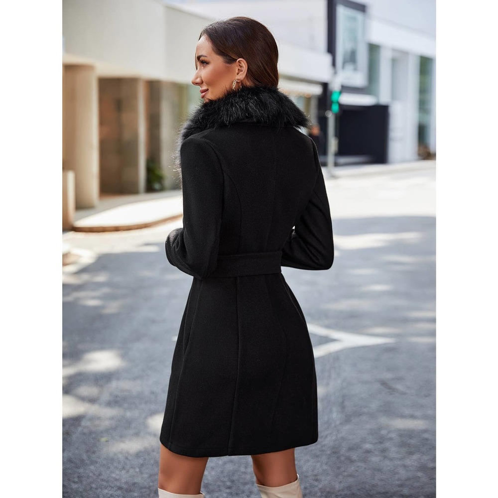 glam Contrast Fuzzy Collar Belted Overcoat pea coat peacoat pink  long line - Picture 7 of 9
